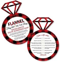 a red and black checkered ring shaped card with the words flannel on it