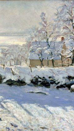 a painting of snow covered trees and houses