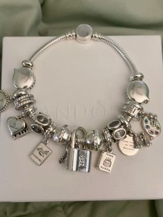 Pandora Silver Charm Bracelet, White Pandora Bracelet, Pandora Silver Bracelet, Pandora Bracelet Inspo Silver, Aesthetic Pandora, Silver Pandora Bracelet, Cute Silver Bangle Charm Bracelet, Pandora Charms Bracelet, Pandora Bracelet Stack