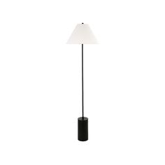 a black floor lamp with a white shade on the top and bottom, in front of a white background