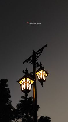 two street lights are lit up in the night sky with trees behind them and a quote above it