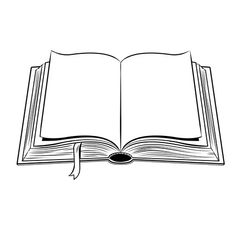 an open book with a ribbon on the end is shown in this black and white drawing