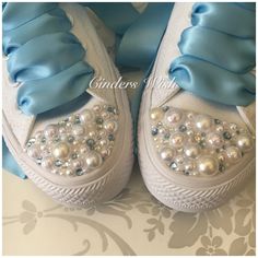 An Absolutely stunning creation perfect for a brides special day or for the girl who loves the personal touch, with a touch of blue for an extra pretty twist. Low white Classic converse with - Beautifully embelished toes , clustered with hundreds of different pearl and crystal elements with hints of blue crystals - Fully pearlised white and blue backstrips - Blue satin laces Also available in an high top version, or with personalised backstrips, inbox for enquiries. Other colours can also be cat Converse Unique, Wedding Converse Bride, Converse Bride, Sparkle Converse, Bride Converse, Converse Wedding, Bridal Converse, Converse Vintage, Bling Converse