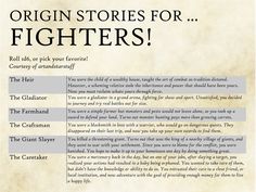 an old paper with the words origin stories for fighters