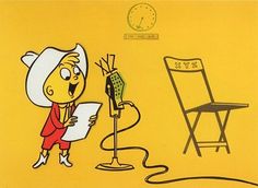 a cartoon character holding a piece of paper in front of a chair with a clock on the wall