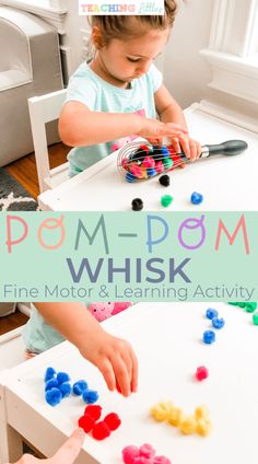 Pom Pom Whisk, Activities To Help Fine Motor Skills, Pom Pom Sensory Activities, Fine Motor Activities For Kids Toddlers, Pom Pom Crafts For Toddlers, Pompom Activities Toddlers, Easy Preschool Activities, Toddler Gross Motor Activities, Gross Motor Activities For Toddlers