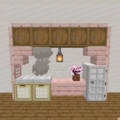 an image of a kitchen in the minecraft style with pink and white walls, wood floors, and cabinets