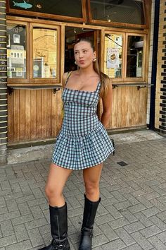 via oliviagraceherring on instagram   peachy den cindy frill dress in lilo, summer, spring, dress, outfit, style, fashion, london boutique, gingham, festival, black boots Hungary Outfit, Flower Picking Outfit, Gingham Dresses, Cindy Dress, Peachy Den, Uni Outfit, Fashion London, Gingham Fashion, London Boutique