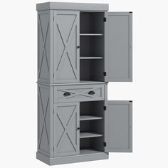 two gray cupboards with doors open on each side