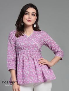 Lavender Floral Printed Tunic Empire Top Women Printed Short Kurti / Indian Tunic / Summer-Spring  Evening Dress Boho Tunic / Hippie Dress / Tribal Print Top The set contains: 1 Tunic Top Kurta: The lavender floral printed top comes with V neck. It comes with pleated details. Sleeve length : 3/4 Sleeves Material : Kurta : Pure Cotton Fabric Care : Machine Wash **FRONT LENGTH : 28 inches** Please see the size information in the photo section to choose the best fit for yourself.  *Please note the color of the item may slightly vary due to different screen resolution* *We also provide customization of the outfit* *In case of any query feel free to contact us*  The item is handmade with love by me and my team. Cotton Short Kurti, Simple Indian Suits, Empire Top, College Shopping, Tunic Tops For Women, Indian Tops, Short Kurtis