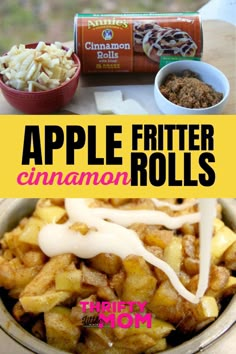 apple fritter cinnamon rolls with apples in the background and an image of cinnamon rolls