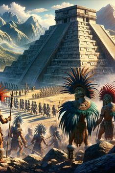 an artist's rendering of ancient incas in front of pyramids and mountains