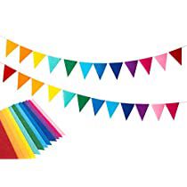 multicolored paper buntings on a white background