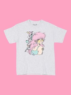 Pink kawaii shoujo anime t-shirt. Harajuku Graphic Design Short Sleeve Tops, Kawaii Short Sleeve Shirt With Character Print, Harajuku Style Short Sleeve T-shirt With Character Print, Kawaii Graphic Short Sleeve T-shirt, Harajuku Anime Print Short Sleeve Shirt, Today Pictures, Music For Kids, Knit Cotton, Short Sets