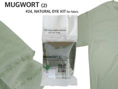 there is a t - shirt that has been wrapped in plastic and the tag says mugwort 2 24 natural dye kit for fabric