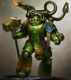 a painting of a green and gold warhammer with flames on it's head