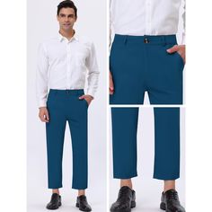 Lars Amadeus Solid Color Cropped Dress Business Pants for Men's Straight Fit Flat Front Suit Trousers. These pants feature a solid color and ankle-length design with a flat front, making them perfect for business settings. The stylish yet simple design is not monotonous and can be easily paired with your T-shirt, polo shirt, shirt, belt, and a pair of shoes to create either a casual or business style. Made from 100% cotton, these pants offer comfort and durability. Ideal for various occasions su Solid Semi-formal Dress Pants With Pockets, Blue Ankle-length Solid Color Bottoms, Blue Dress Pants For Business Casual Summer, Casual Blue Pants For Semi-formal Occasions, Blue Dress Pants With Pockets For Summer, Semi-formal Blue Dress Pants With Pockets, Blue Semi-formal Bottoms For Spring, Blue Summer Dress Pants, Spring Semi-formal Blue Bottoms