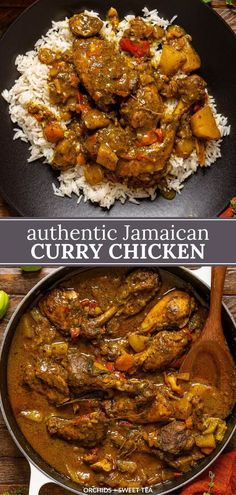 authentic jamaican curry chicken in a pan with rice