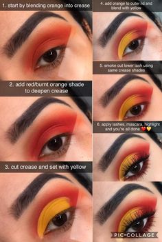 Red Yellow Blue Eyeshadow, Chiefs Makeup Look, Kc Chiefs Eye Makeup, Chiefs Eye Makeup, Yellow Eyeshadow Looks Step By Step, Red And Orange Makeup Looks, Sunset Eyeshadow Tutorial Step By Step