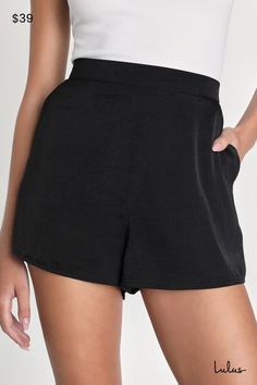 You'll be feeling sweet in the Lulus Extra Love Black Satin High-Waisted Shorts! These comfortable satin shorts begin at a high waist (with a bit of elastic at back for fit) before continuing into a relaxed silhouette. Side seam pockets complete the look! Fit: This garment fits true to size. Length: Above mid-thigh. Size medium Inseam: 2.00 Front Rise: 12.00 Waist: Fitted - elastic waist allows stretch. Hip: Not Fitted - room for hips. Fabric: Fabric has no stretch. Unlined. 100% Polyester. Hand Day Out Shorts With Short Inseam, Trendy Short Pajama Shorts, Day Out Solid Color Shorts With Short Inseam, Summer Pajama Shorts For Night Out, Trendy Pajama Shorts, Solid Color Shorts With Short Inseam For Day Out, Black High-waisted Pajama Shorts For Summer, Chic High-waist Shorts With Elastic Waistband, Elastic Waistband Shorts With Short Inseam