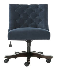 a blue office chair with wheels on an isolated white background