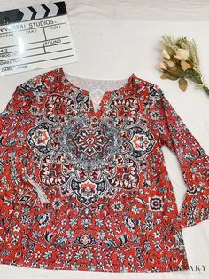 Lasaky - Womens Plus Size Mandala Print Irregular Sleeve Notched Neck T-shirt for Casual Wear Casual Stretch Blouse With Print, Long Sleeve Patterned Tops For Vacation, Patterned Crew Neck Top For Vacation, Stretch Bohemian Patterned Tops, Bohemian Stretch Patterned Tops, Red Stretch Bohemian Top, Stretch Long Sleeve Tops For Vacation, Long Sleeve Printed T-shirt For Vacation, Stretch Patterned Beach Tops