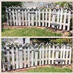 two pictures of a white picket fence