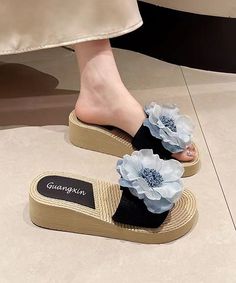 These Bohemian Black Floral Wedge Slide Sandals feature a peep toe for added style and comfort.Made of:-Elastic Fabric Upper.-PVC sole- cushioned insole.1.77"/4.5cm Wedge Heel Beach Slippers Women, Floral Wedges, Women High Heels, Sandals Beach, Summer Flip Flops, Summer Slippers, Beach Flip Flops, Beach Slippers, High Heels Sandals