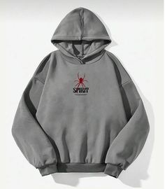 This grey hoodie is perfect for anyone who wants to make a bold and unique style statement! With its eye-catching "SPIRIT" text and striking spider print, this hoodie blends sporty with standout, adding a cool edge to your everyday look. Whether you're hitting the gym, going for a walk, or just lounging around, this hoodie keeps you looking stylish and feeling comfortable. Here are the key features of this hoodie: Fabric: Made from soft, comfortable fabric that's perfect for everyday wear. It's Fall Hoodie Sweatshirt With Logo Print, Casual Graphic Print Hoodie For Streetwear, Trendy Long Sleeve Hoodie With Logo Print, Fall Logo Print Hoodie Sweatshirt, Casual Hooded Hoodie With Logo Print, Trendy Crew Neck Sweatshirt With Drawstring Hood, Casual Crew Neck Hoodie For Streetwear, Casual Hoodie With Letter Print, Casual Logo Print Winter Sweatshirt