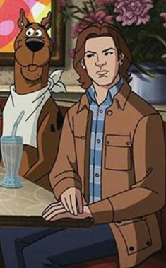 scooby and shaggy sitting at a table with a glass in front of them