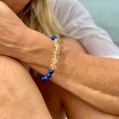 Lapis Lazuli and Citrine Bracelet to bring Self-Awareness. Best crystals for self-awareness. Yellow Spiritual Stretch Bracelet, Yellow Spiritual Crystal Bracelet, Citrine Bracelet, Lapis Lazuli Bracelet, Lapis Lazuli Jewelry, Citrine Jewelry, Lapis Lazuli Beads, Citrine Gemstone, Bring Happiness