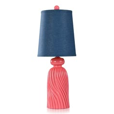 a pink table lamp with a blue shade