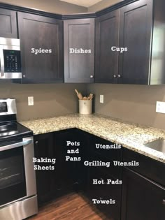 a kitchen with black cabinets and granite counter tops that has the words pots and pans written on it