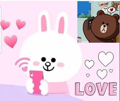 an animated rabbit holding a cell phone with hearts on the wall in the background and text love