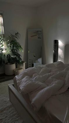 an unmade bed sitting in a bedroom next to a potted plant and window