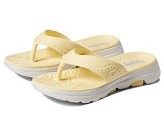 SKECHERS Foamies Go Walk 5 Pastel 3 Point Sandal - Women's Shoes : Yellow : Walk without any fear of blisters in the super comfy and cute SKECHERS Foamies Go Walk 5 Pastel 3 Point Sandals. Man-made upper. Man-made lining and insole. Slide closure. T-strap design. Brand logo on the upper. Monochromatic construction. Man-made outsole. Imported. Measurements: Weight: 7 oz Product measurements were taken using size 9, width B - Medium. Please note that measurements may vary by size. Weight of footwe Casual Sports Sandals With Foam Material, Casual Foam Sandals For Outdoor, Casual Yellow Sandals With Arch Support, Casual Sandals With Gel Cushioning, Casual Lightweight Sandals With Gel Cushioning, Lightweight Casual Sandals With Gel Cushioning, Comfortable Casual Sandals With Gel Cushioning, Comfortable Foam Sandals For Outdoor, Casual White Foam Sandals