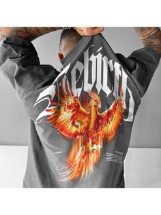 Men Youth T-Shirts, Phoenix Letter Printed Loose T-shirt Graphic Tshirt Design, Fashion Catalogue, Pullover Designs, Letter Prints, Dark Gray, Trendy Outfits, Phoenix, Collar Styles, Tshirt Designs