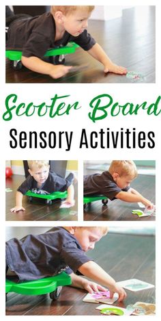 a collage of photos showing how to use the scooter board for activities