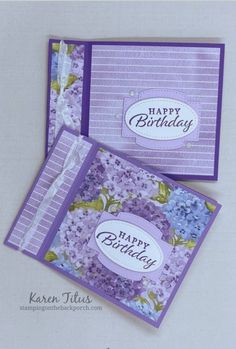 two birthday cards with purple flowers on them