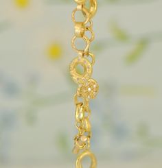 "18k solid gold bracelet with small Diamonds. Different round handmade links with small Diamonds connect with thin round links, all 18k yellow solid gold in an organic look. This beautiful 18k gold unique bracelet is handmade. The bracelet is made from several 18k gold circles, made in a unique technique by me. I made every one of the circle by molding cold wax to a small ball and \"squeezed\" it to the circle I want. Every circle sets with small Diamonds - 3 on one side and 3 on the other side, Gold Diamond Bracelet, Solid Gold Bracelet, Gold Chain Bracelet, Bracelet Diamond, Bracelets Gold Diamond, Gold Bracelet For Women, Wedding Jewelry Bracelets, Chain Bracelets, Wedding Bracelets