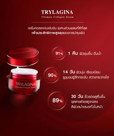 an advertisement for trylagina cream on red background with water droplets and white text