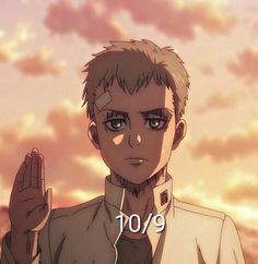 an anime character holding his hand up in front of the sky with clouds behind him