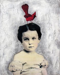 a painting of a young child with a bird on top of it's head