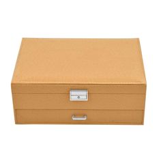 a tan leather box with silver handles on a white background