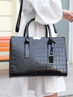 Black Elegant   PU Leather Crocodile Print Top Handle Bag Embellished   Women Bags Luxury Elegant Satchel With Crocodile Pattern, Luxury Crocodile Pattern Tote Shoulder Bag, Luxury Alligator Leather Bags For Women, Luxury Alligator Leather Shoulder Bag For Business, Luxury Office Satchel With Crocodile Pattern, Luxury Tote With Gunmetal Hardware, Luxury Tote Shoulder Bag With Lock, Luxury Trendy Tote Shoulder Bag, Luxury Tote Shoulder Bag With Top Carry Handle