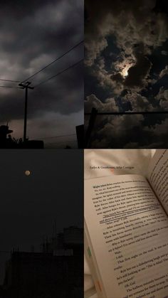 four different pictures with the same sky and clouds in them, including an open book