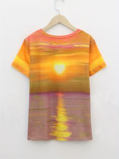 Experience effortless style with Sunset Vibes: the perfect casual top for summer and spring. This printed t-shirt offers a comfortable and stylish option for any occasion. Made for the modern woman, embrace a laid-back yet chic look with Sunset Vibes. Composition 100% Polyester Material Polyester Length Regular Details None Patterned Heart Sheer No Collar Style Crew Neck Seasons Summer Care Instructions Machine wash or professional dry clean Style Vacation Fabric Elasticity Mid Elasticity Printi Multicolor Crew Neck Tops For Beach Season, Summer Short Sleeve Top With Sublimation Print, Multicolor Crew Neck Summer T-shirt, Yellow Crew Neck Top For Beach Season, Summer Sublimation Print Short Sleeve Top, Summer Tops With Sublimation Print And Relaxed Fit, Summer Relaxed Fit Tops With Sublimation Print, Orange Relaxed Fit Top For Beach Season, Relaxed Fit Orange Top For Beach Season