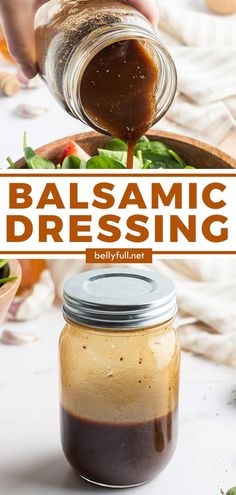 balsamic dressing being poured into a bowl with salad in the background and text overlay that reads balsamic dressing