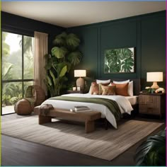 a bedroom with green walls and palm trees in the corner, along with two lamps on either side of the bed