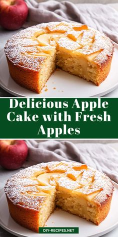 delicious apple cake with fresh apples cut in half and topped with powdered sugar on top